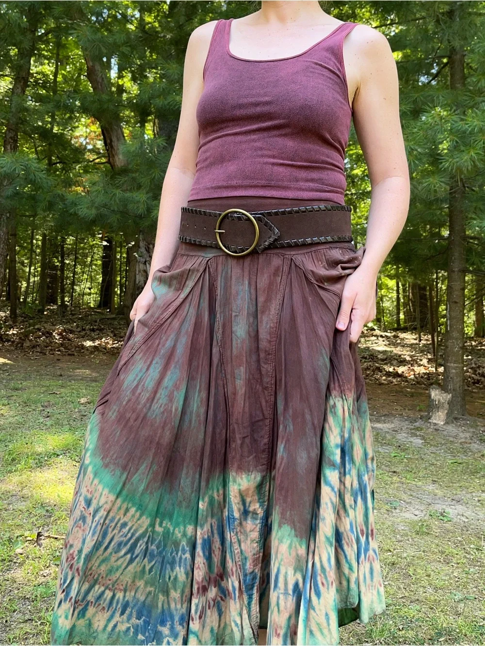 Nine West Genuine Leather Suede Chunky Brown Belt Gold Buckle Boho Festival Y2K